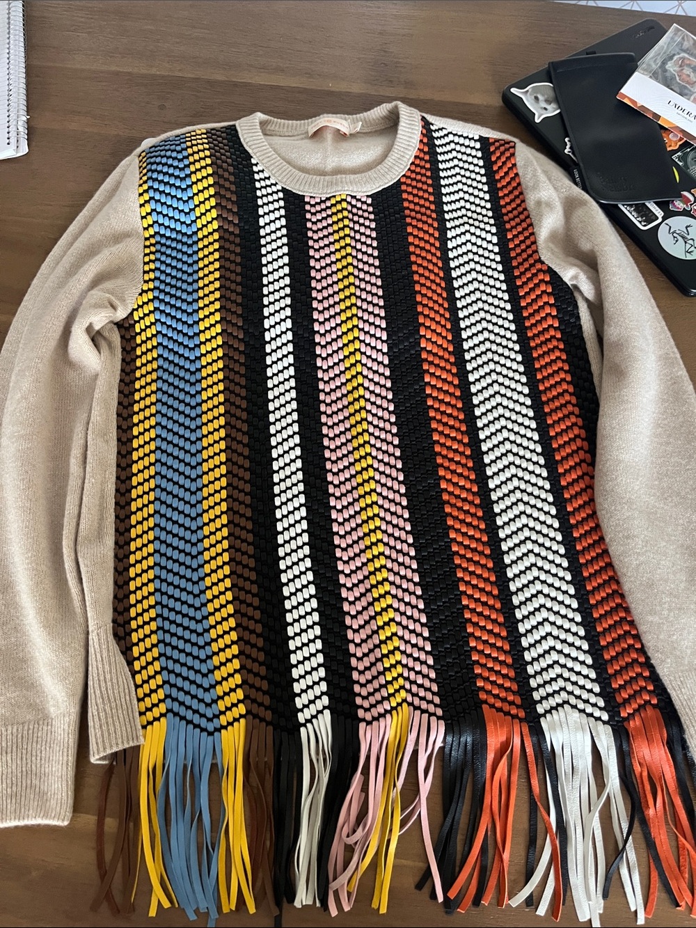 Tory Burch Beige Sweater Cardigan with Multicolor Stripe Fringe